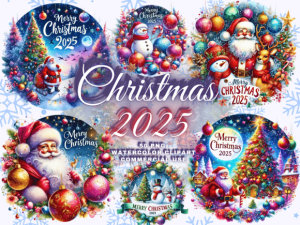 Watercolor Merry Christmas Png Bundle