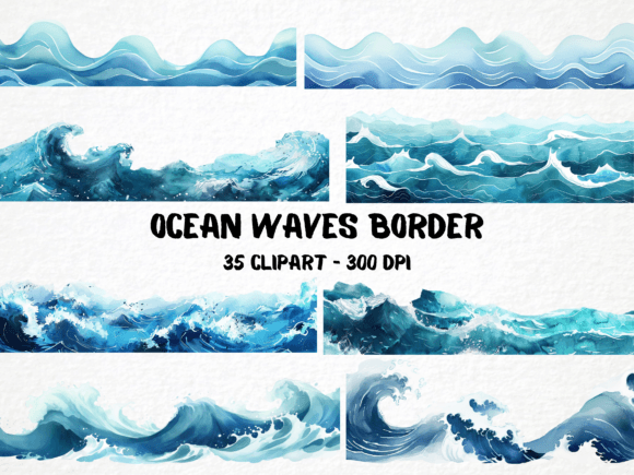 Watercolor Ocean Waves Borders