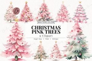 Watercolor Pink Christmas Tree Clipart