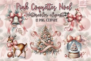 Watercolor Pink Coquette Christmas Noel