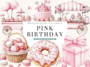 Watercolor Pink Sweets Birthday Clipart