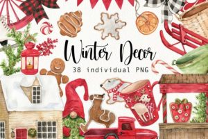 Watercolor Red Winter Decor Clipart