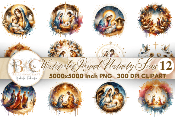 Watercolor Round Christmas Nativity