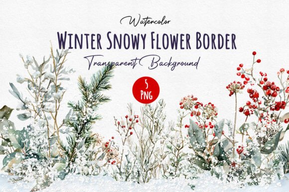 Watercolor Snowy Winter Floral Border