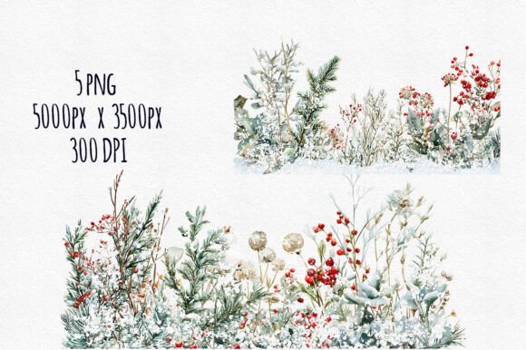 Watercolor Snowy Winter Floral Border - Image 3