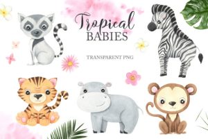 Alternative view of Watercolor Tropical Animals Clipart