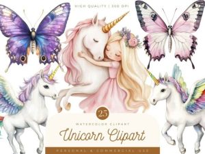 Watercolor Unicorn Fairy Clipart Bundle