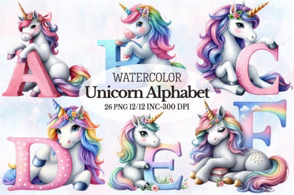 Watercolor Unicorn Alphabet Set Clipart
