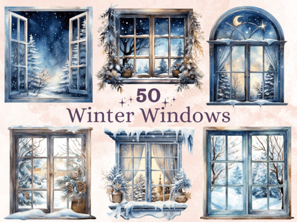 Watercolor Winter Windows Clipart Bundle