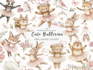 Watercolor Cute Pink Ballerina Animals