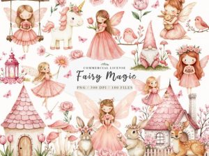 Watercolor Magical Garden Pink Fairies