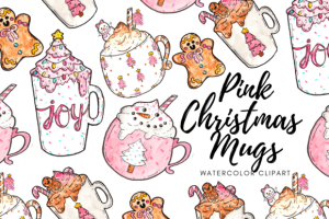 Watercolor Pink Christmas Mug Clipart
