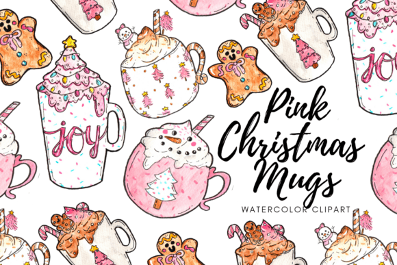 Watercolor Pink Christmas Mug Clipart