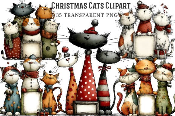 Whimsical Christmas Cats Clipart