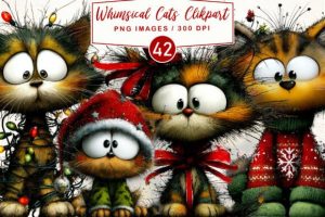 Whimsical Christmas Cats Clipart