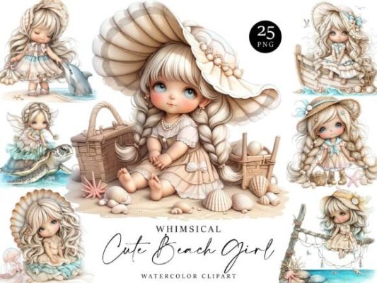 Whimsical Cute Beach Girl Clipart