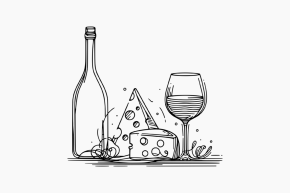Wine and Cheese. Line Drawing.
