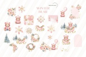 Alternative view of Winter Pink Bear Gold Snowflakes Clipart