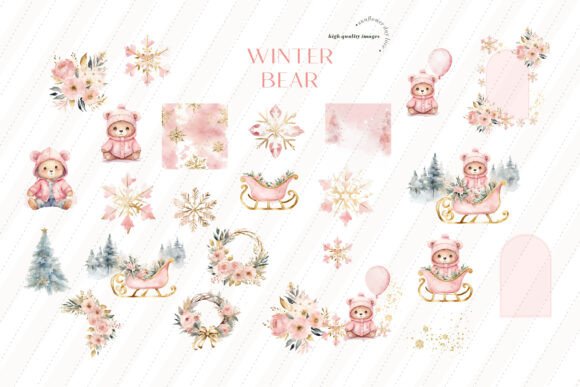 Winter Pink Bear Gold Snowflakes Clipart - Image 2