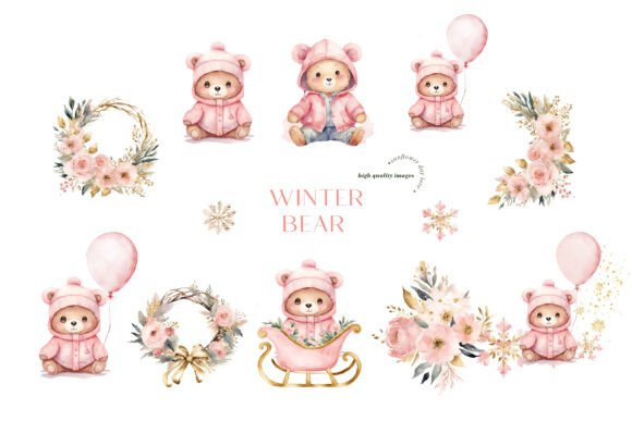 Winter Pink Bear Gold Snowflakes Clipart - Image 3