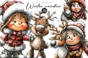 Winter Girl and Reindeer Clipart
