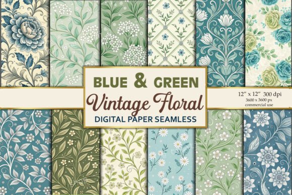 Blue Green Vintage Floral Digital Paper