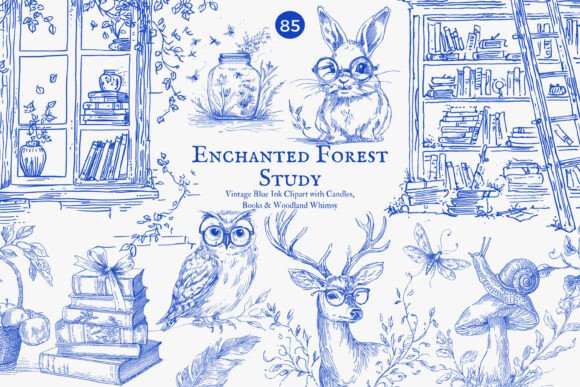 Forest Study Blue Ink Illustration Png