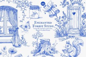 Alternative view of Forest Study Blue Ink Illustration Png